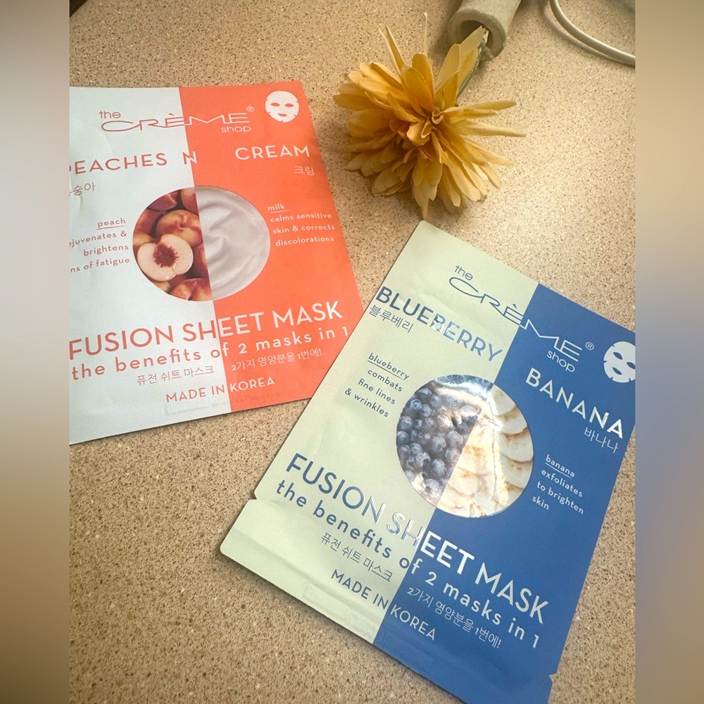 The Crème Shop Fusion Sheet Masks - Peaches N Cream & Blueberry Banana Set NWT